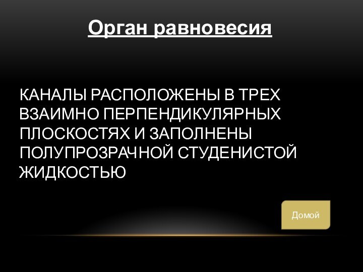 Каналы расположены в трех взаимно перпендикулярных плоскостях и заполнены полупрозрачной студенистой жидкостьюОрган равновесияДомой