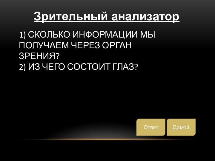 1) Сколько информации мы получаем через орган зрения? 2) Из чего состоит глаз?Зрительный анализаторДомойОтвет