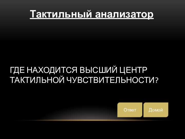 ГДЕ НАХОДИТСЯ ВЫСШИЙ ЦЕНТР ТАКТИЛЬНОЙ ЧУВСТВИТЕЛЬНОСТИ?ДомойОтветТактильный анализатор