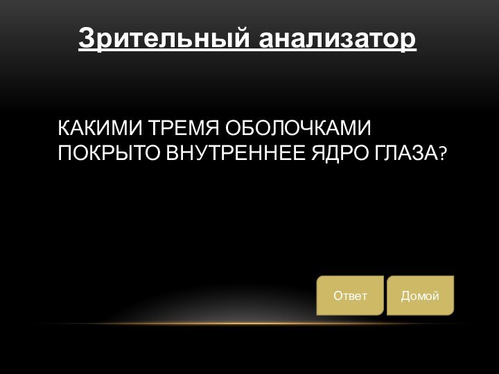 Какими тремя оболочками покрыто внутреннее ядро глаза?Зрительный анализаторДомойОтвет