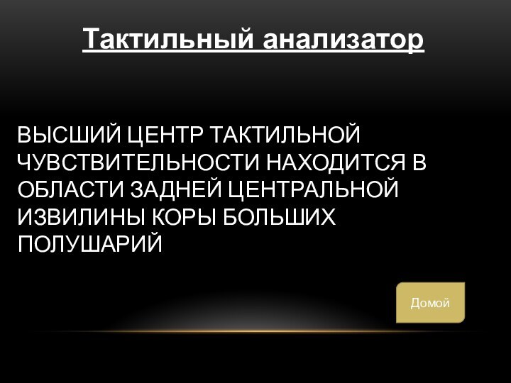 ВЫСШИЙ ЦЕНТР ТАКТИЛЬНОЙ ЧУВСТВИТЕЛЬНОСТИ НАХОДИТСЯ В ОБЛАСТИ ЗАДНЕЙ ЦЕНТРАЛЬНОЙ ИЗВИЛИНЫ КОРЫ БОЛЬШИХ ПОЛУШАРИЙТактильный анализаторДомой