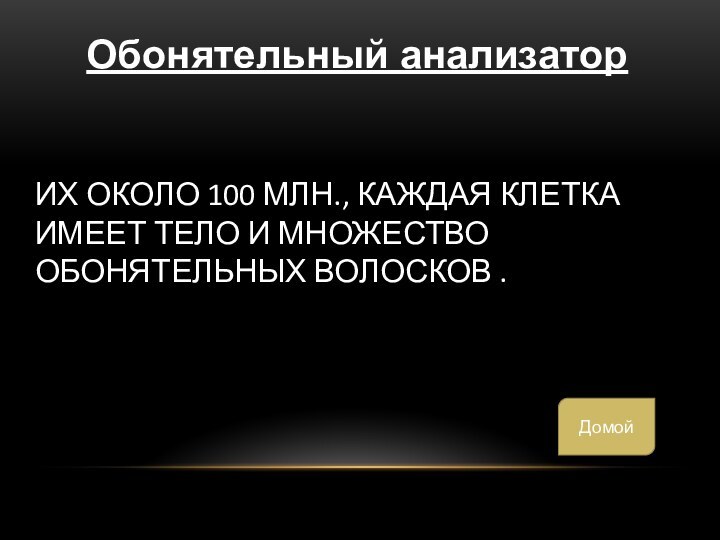 Их около 100 млн., каждая клетка имеет тело и множество обонятельных волосков .Обонятельный анализаторДомой