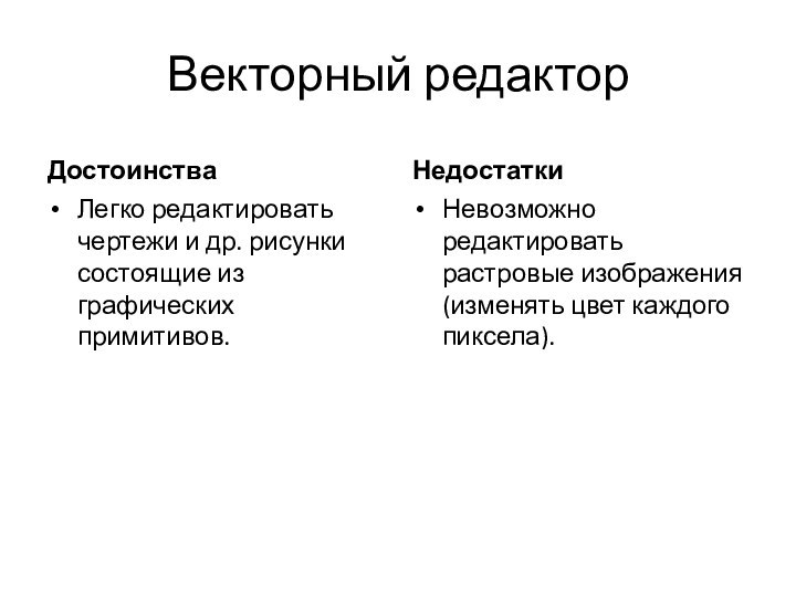 Векторный редакторДостоинстваЛегко редактировать чертежи и др. рисунки состоящие из графических примитивов.НедостаткиНевозможно редактировать