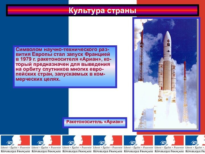 Культура страныСимволом научно-технического раз-вития Европы стал запуск Францией в 1979 г. ракетоносителя