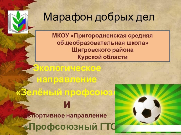 Марафон добрых делЭкологическое направление «Зелёный профсоюз»ИСпортивное направление   «Профсоюзный ГТО»МКОУ «Пригородненская