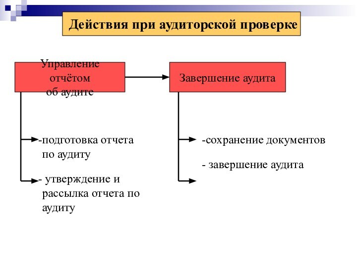 Действия при аудиторской проверкеУправление отчётомоб аудитеЗавершение аудитаподготовка отчета по аудиту  утверждение