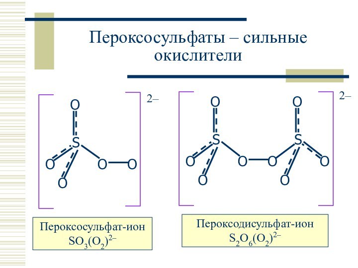 Пероксосульфаты – сильные окислителиПероксосульфат-ион SO3(O2)2–Пероксодисульфат-ион S2O6(O2)2–