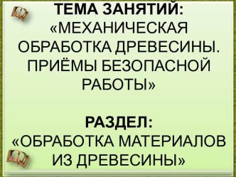 ТЕМА ЗАНЯТИЙ:МЕХАНИЧЕСКАЯ ОБРАБОТКА ДРЕВЕСИНЫ. ПРИЁМЫ БЕЗОПАСНОЙ РАБОТЫРАЗДЕЛ: ОБРАБОТКА МАТЕРИАЛОВ ИЗ ДРЕВЕСИНЫ