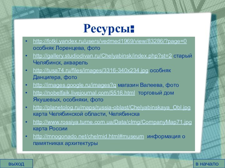 Ресурсы:http://fotki.yandex.ru/users/vedmed1969/view/83286/?page=0 особняк Лоренцева, фотоhttp://gallery.studiodivan.ru/Chelyabinsk/index.php?st=2 старый Челябинск, акварельhttp://tusa74.ru/files/images/3316-340x234.jpg особняк Данцигера, фотоhttp://images.google.ru/images?q магазин Валеева,