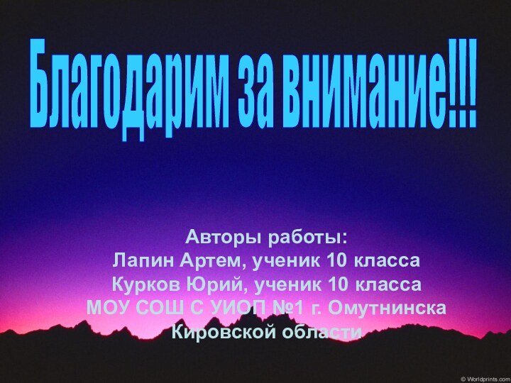 Благодарим за внимание!!!Авторы работы: Лапин Артем, ученик 10 классаКурков Юрий, ученик 10