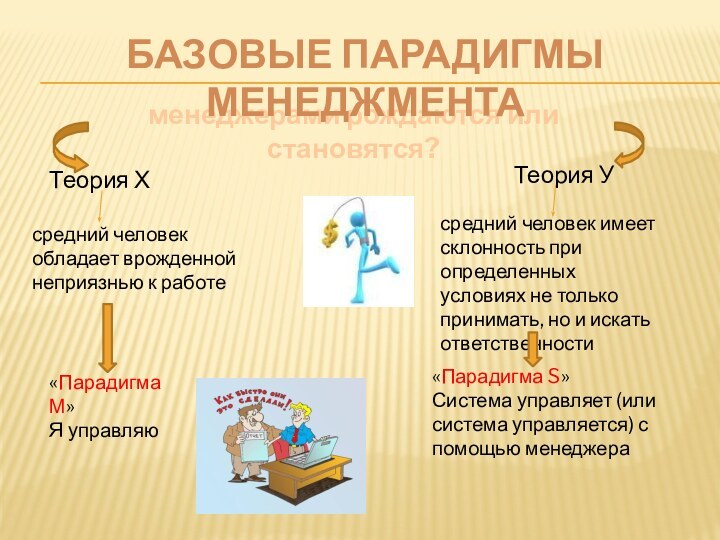 Теория ХТеория Усредний человек обладает врожденной неприязнью к работесредний человек имеет склонность