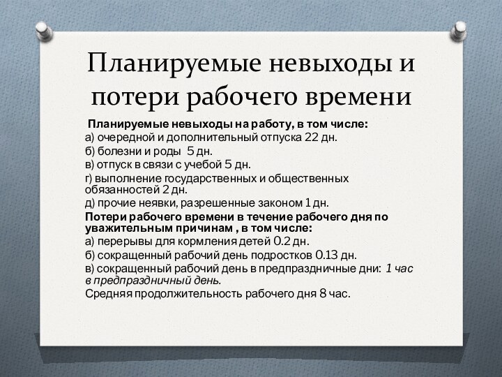 Планируемые невыходы и потери рабочего времени Планируемые невыходы на работу, в том