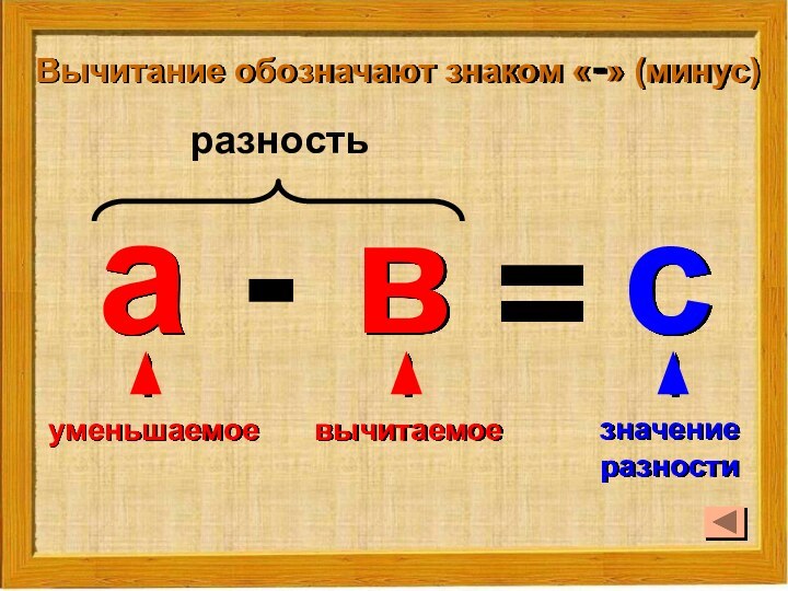 Вычитание обозначают знаком «-» (минус)ав=с-уменьшаемоевычитаемоезначение разностиразность