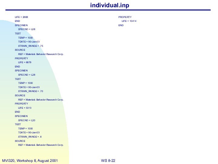 individual.inpLIFE = 2668ENDSPECIMEN   SPECNO = L08TEST   TEMP