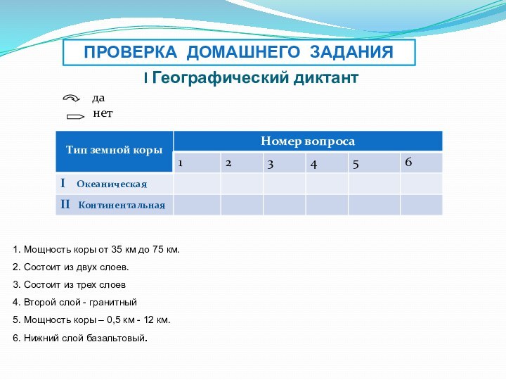 I Географический диктант 1. Мощность коры от 35 км до