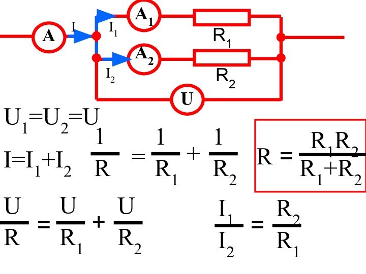 RR1A1A2AUU1=U2=UI=I1+I2U=R1UR2U+R1=R11R21+R1R2R1+R2R=I2II2I1R1R2=R2I1