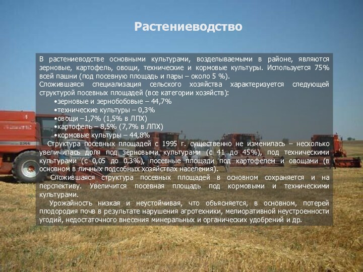 Растениеводство В растениеводстве основными культурами, возделываемыми в районе, являются зерновые, картофель, овощи,