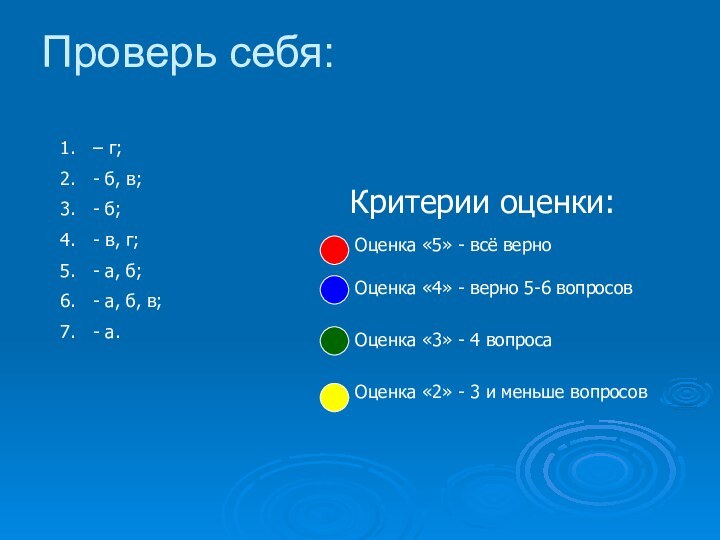 Проверь себя:– г;- б, в;- б;- в, г;- а, б;- а, б,