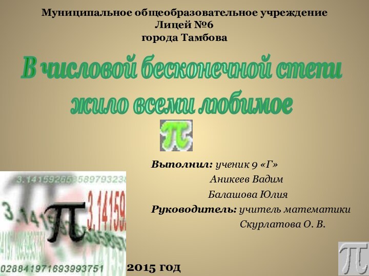 Муниципальное общеобразовательное учреждениеЛицей №6города ТамбоваВыполнил: ученик 9 «Г»