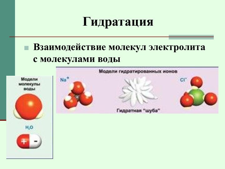 Гидратация Взаимодействие молекул электролита с молекулами воды