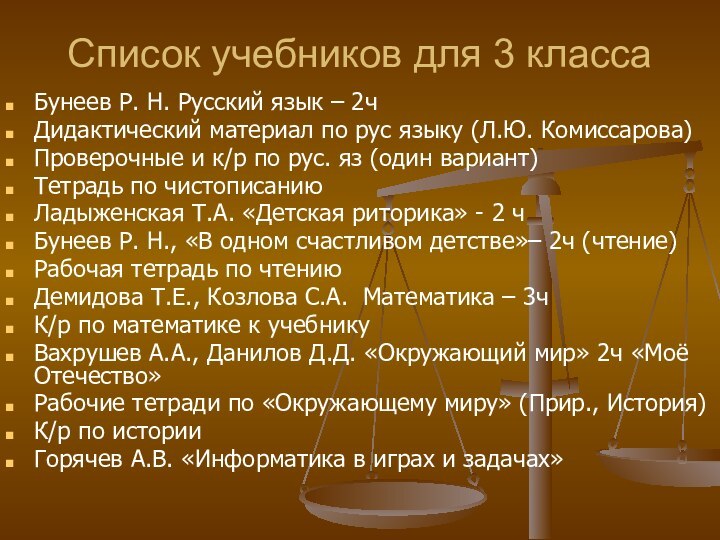 Список учебников для 3 классаБунеев Р. Н. Русский язык – 2чДидактический материал