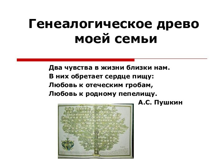 Генеалогическое древо  моей семьиДва чувства в жизни близки нам.В них обретает