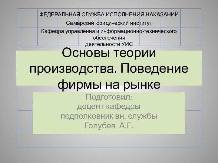 Основы теории производства. Поведение фирмы на рынкеПодготовил: доцент кафедры подполковник вн. службы