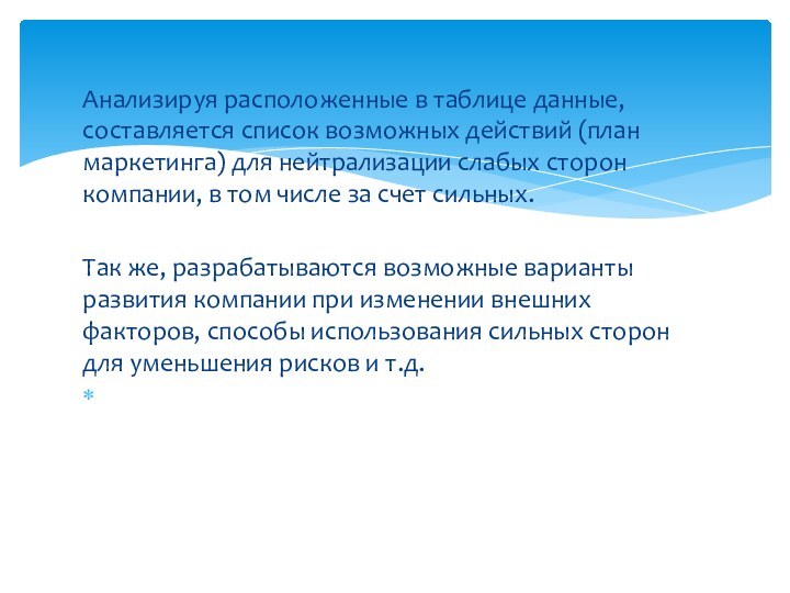 Анализируя расположенные в таблице данные, составляется список возможных действий (план маркетинга) для