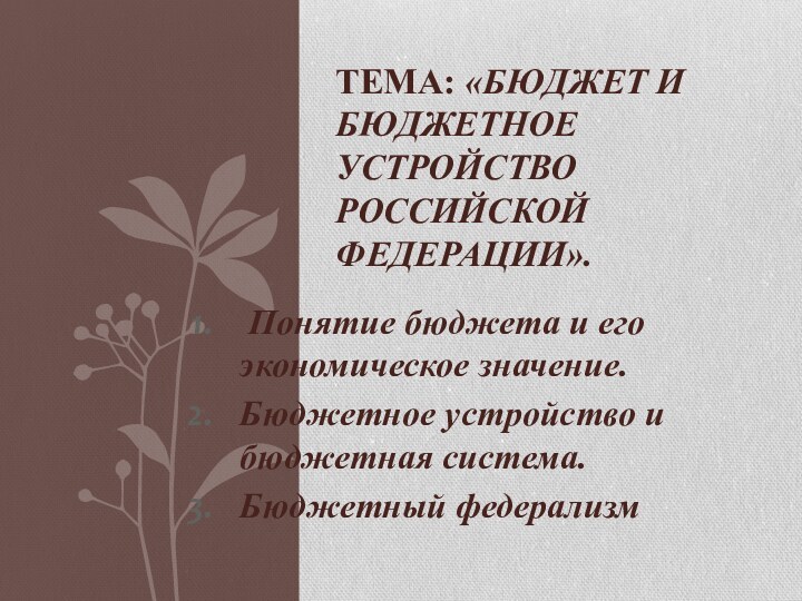  Понятие бюджета и его экономическое значение.Бюджетное устройство и бюджетная система.Бюджетный федерализмТема: «Бюджет