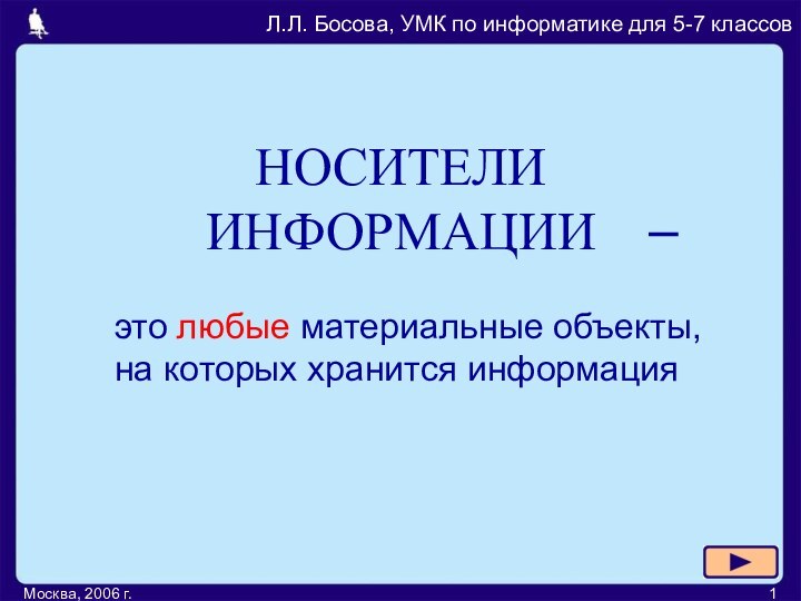 Москва, 2006 г.НОСИТЕЛИ ИНФОРМАЦИИЛ.Л. Босова, УМК по информатике для 5-7 классов