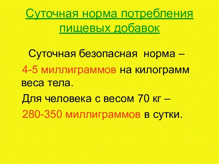 Суточная норма потребления пищевых добавок   Суточная безопасная норма –