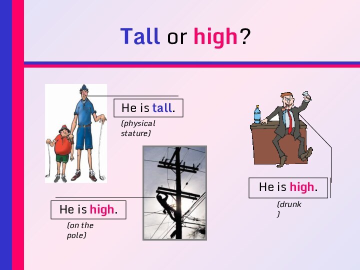 Tall or high?He is tall.He is high.He is high.(on the pole)(drunk)(physical stature)