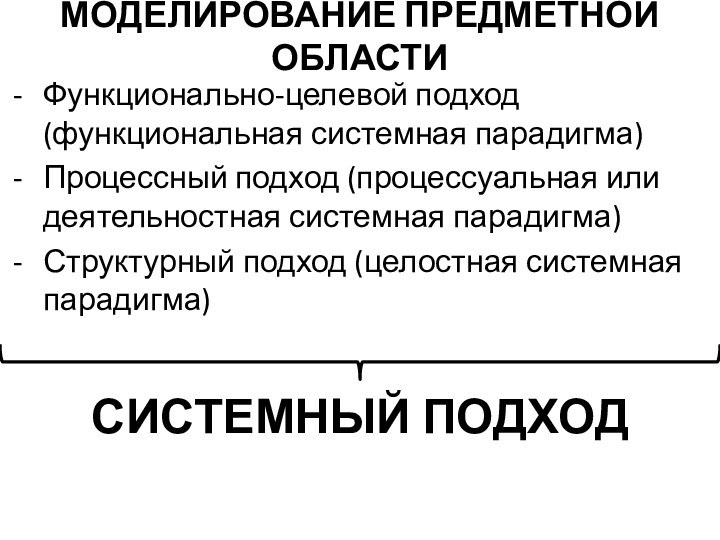 МОДЕЛИРОВАНИЕ ПРЕДМЕТНОЙ ОБЛАСТИФункционально-целевой подход (функциональная системная парадигма)Процессный подход (процессуальная или деятельностная системная