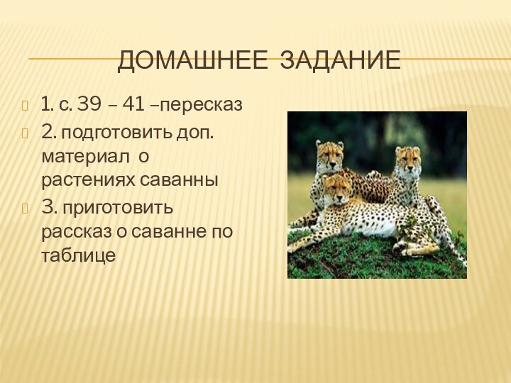 Домашнее задание1. с. 39 – 41 –пересказ2. подготовить доп. материал о растениях