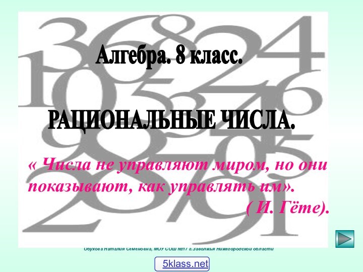 Обухова Наталия Семеновна, МОУ СОШ №17 г.Заволжья Нижегородской областиАлгебра. 8 класс. РАЦИОНАЛЬНЫЕ