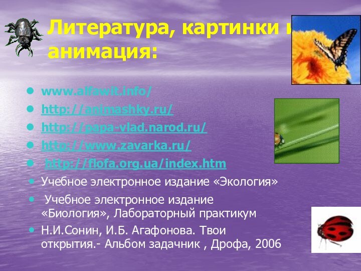 Литература, картинки и анимация:www.alfawit.info/http://animashky.ru/http://papa-vlad.narod.ru/http://www.zavarka.ru/ http://flofa.org.ua/index.htmУчебное электронное издание «Экология» Учебное электронное издание «Биология», Лабораторный