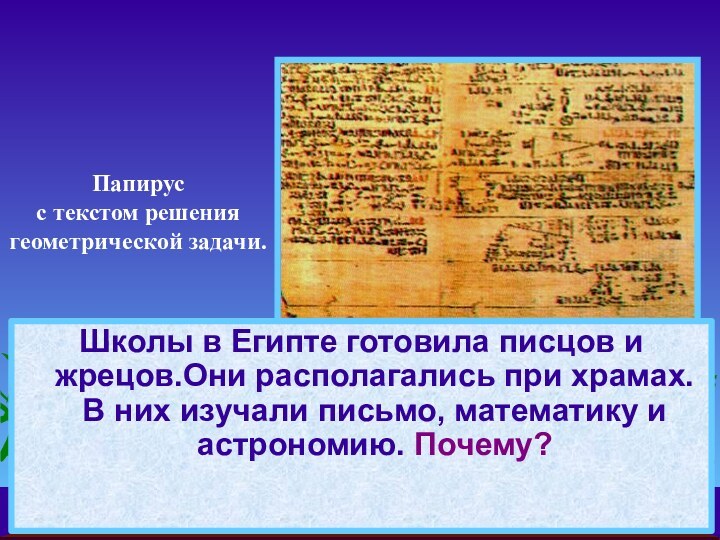 Школы в Египте готовила писцов и жрецов.Они располагались при храмах. В них