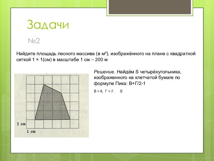 Задачи№2 Найдите площадь лесного массива (в м²), изображённого на плане с квадратной