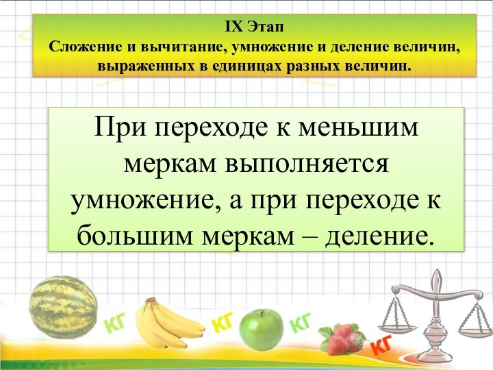 IX ЭтапСложение и вычитание, умножение и деление величин, выраженных в единицах разных