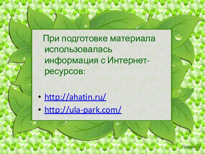 При подготовке материала использовалась информация с Интернет-ресурсов:http://ahatin.ru/http://ula-park.com/