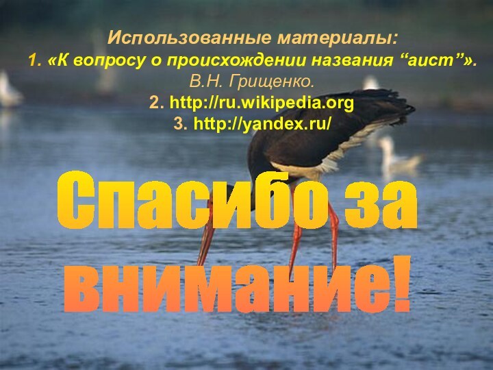 Использованные материалы:1. «К вопросу о происхождении названия “аист”». В.Н. Грищенко. 2. http://ru.wikipedia.org3. http://yandex.ru/Спасибо за внимание!