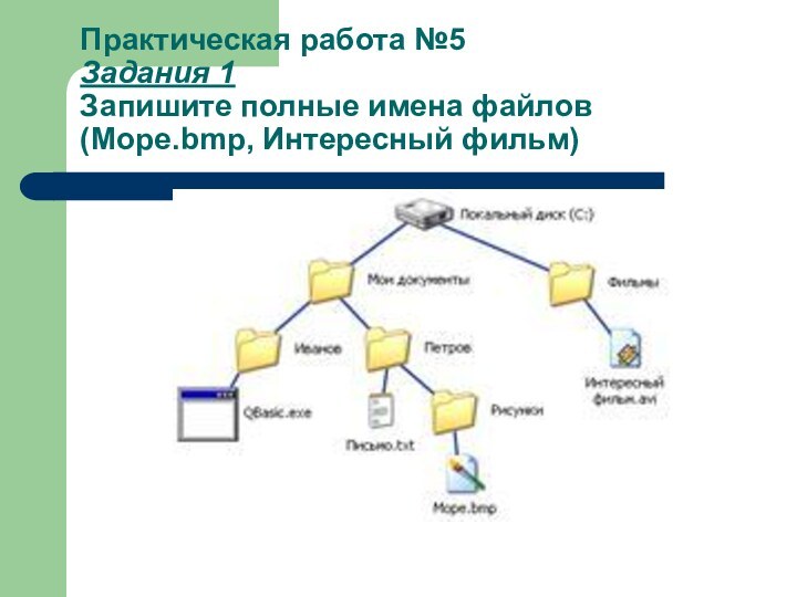 Практическая работа №5 Задания 1 Запишите полные имена файлов (Море.bmp, Интересный фильм)