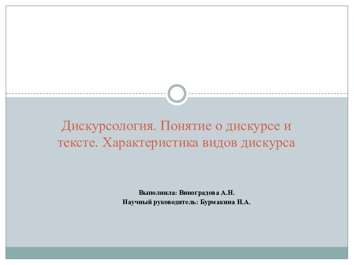 Выполнила: Виноградова A.Н.Научный руководитель: Бурмакина Н.А.Дискурсология. Понятие о дискурсе и тексте. Характеристика видов дискурса