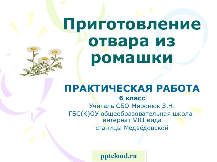 Приготовление отвара из ромашкиПРАКТИЧЕСКАЯ РАБОТА6 классУчитель СБО Миронюк З.Н.ГБС(К)ОУ общеобразовательная школа-интернат VIII вида станицы Медвёдовской