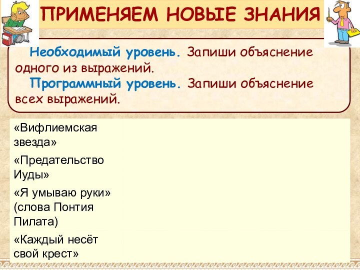 Необходимый уровень. Запиши объяснение одного из выражений.Программный уровень. Запиши объяснение всех выражений.ПРИМЕНЯЕМ НОВЫЕ ЗНАНИЯ