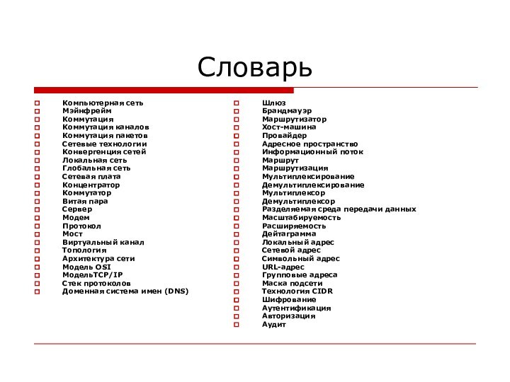 Словарь Компьютерная сетьМэйнфреймКоммутацияКоммутация каналовКоммутация пакетовСетевые технологииКонвергенция сетейЛокальная сетьГлобальная сетьСетевая платаКонцентраторКоммутаторВитая параСерверМодемПротоколМостВиртуальный каналТопология