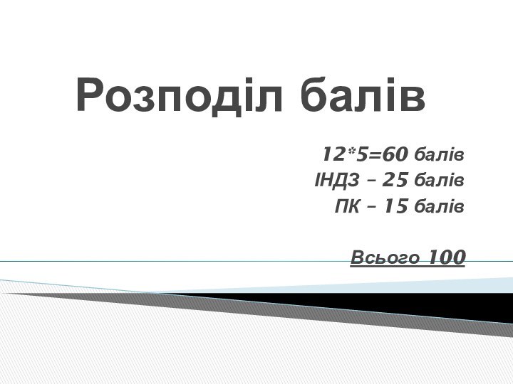 Розподіл балів12*5=60 балівІНДЗ – 25 балівПК – 15 балівВсього 100