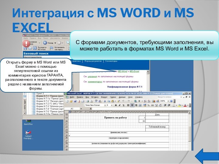 Интеграция с MS WORD и MS EXCELС формами документов, требующими заполнения, вы
