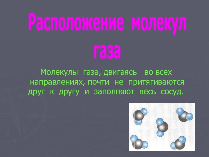 Расположение молекул газа Молекулы газа, двигаясь  во всех направлениях, почти не