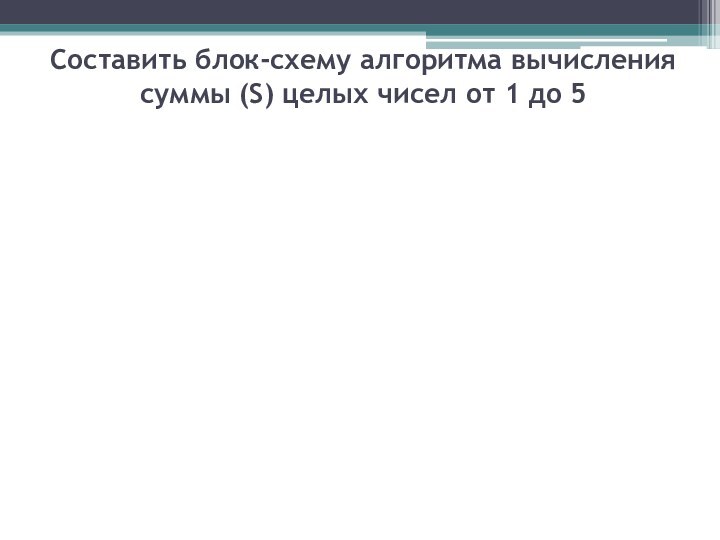 Составить блок-схему алгоритма вычисления суммы (S) целых чисел от 1 до 5